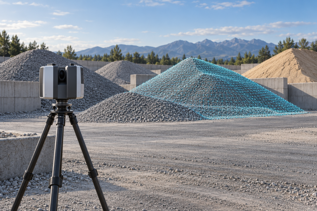 Ilustração de Laser Scanner 3D medindo pilhas de areia e brita para cálculo de volume
